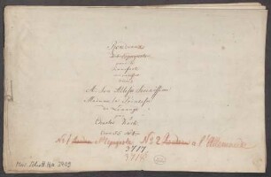 Rondo à l'Espagnole, pf, op. 55/1, g-Moll - BSB Mus.Schott.Ha 3409 : [title page, pf] Rondeau[added:]x // [crossed out:] à l' Espagnole // pour le // Pianoforte // composés et // dédiés // A. Son Altesse Sérénissime // Madame la Princesse // de Linange // par // Charles Koch // Oeuv. 55 [corssed out:] N|o I. [added with red chalk:] N|o 1 Rondeau [crossed out] a l'Espagnole N|o 2 Rondeau [crossed out] a l'Allemande