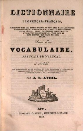 Dictionnaire provençal-français : suivi d'un vocabulaire francais-provençal
