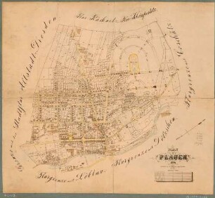 Stadtplan von Plauen bei Dresden aus dem Adressbuch des Jahres 1894 mit einem Maßstab 1:5.000 in Meter und den angrenzenden Flurbezeichnungen