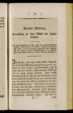 Fünfter Vortrag. Anweisung zu dem Glück der Zufriedenheit.