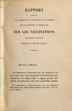 Rapport présenté ... par l'Académie Nationale de Médecine sur les vaccinations pratiquées en France pendant l'année .... 1869 (1872)