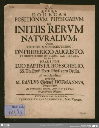 Dodecas Positionum Physicarum De Initiis Rerum Naturalium