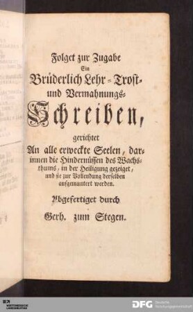 Folget zur Zugabe Ein Brüderlich Lehr- Trost- und Vermahnungs-Schreiben...