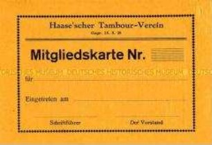 Vordruck einer Mitgliedskarte dse Haase'schen Tambour-Vereins