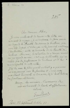 Nr. 2: Brief von Emile Picard an Felix Klein, Paris, 22.10.1888