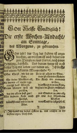 Die erste Wochen-Andacht, am Sonntage des Morgens, zu gebrauchen.