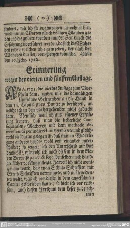 Erinnerung wegen der vierten und fünfften Auflage