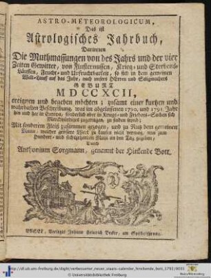 Astro-Meteorologicum, Das ist Astrologisches Jahrbuch.