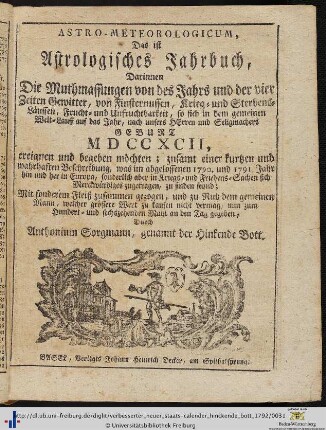 Astro-Meteorologicum, Das ist Astrologisches Jahrbuch.