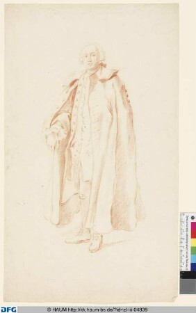 Stehender Mann mit langem Mantel und Perücke
