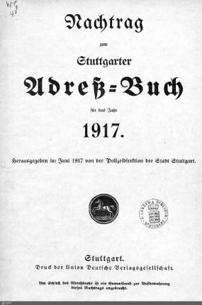 1917 - Nachtrag: Stuttgarter Adressbücher / Nachtrag, 1917