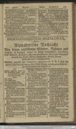 Indexonomastico-Heraldicus, Oder Alphabetische Nachricht Von denen verblümten Wörtern, Nahmen und Wapen, so heutiges Tages in denen vornehmsten Calendern, Post-Reutern, Zeitungen, und verdeckten Staats-Tractätgen angezogen ...