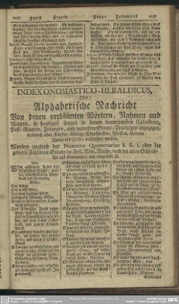 Indexonomastico-Heraldicus, Oder Alphabetische Nachricht Von denen verblümten Wörtern, Nahmen und Wapen, so heutiges Tages in denen vornehmsten Calendern, Post-Reutern, Zeitungen, und verdeckten Staats-Tractätgen angezogen ...