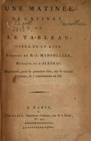 Une matinée de Catinat ou le tableau : opéra en un acte