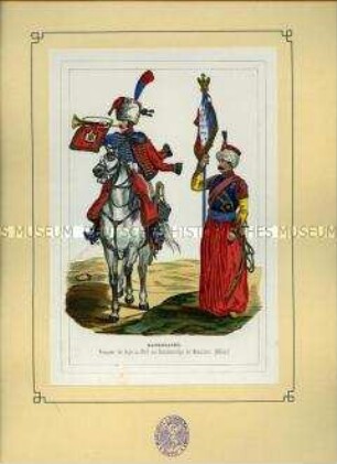 Uniformdarstellung, Trompeter des Garde-Jäger-Regiments zu Pferd und Standartenoffizier mit Standarte der Mameluken der Kaisergarde, Frankreich, 1804. Aus: Bellangé: Die Soldaten der französischen Republik und des Kaiserreichs.