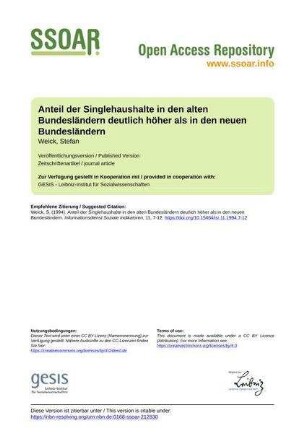 Anteil der Singlehaushalte in den alten Bundesländern deutlich höher als in den neuen Bundesländern