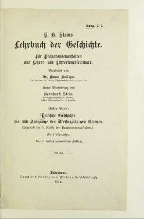 Bd. 1: Deutsche Geschichte bis zum Ausgange des Dreißigjährigen Krieges : (Lehrstoff der 3. Klasse der Präparandenanstalten) ; mit 9 Bildertafeln