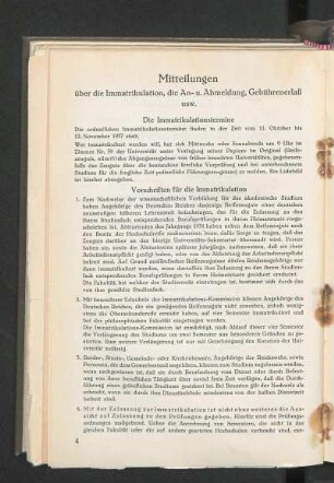 Mitteilungen über die Immatrikulation, die An- u. Abmeldung, Gebührenerlaß usw.