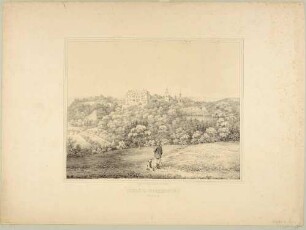 Schloss Wolkenburg (Limbach-Oberfrohna-Wolkenburg) südwestlich von Penig und die Kirche vom gegenüberliegenden Berg im Südosten gesehen