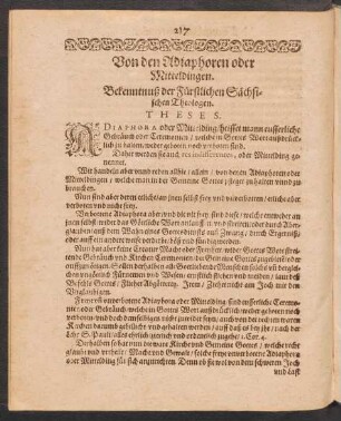 Von den Adiaphoren oder Mitteldingen. Bekenntnusß der Fürstlichen Sächsischen Theologen.