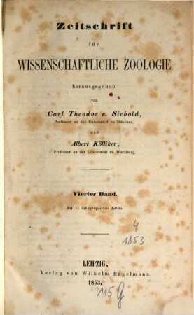 Zeitschrift für wissenschaftliche Zoologie. 4, 4. 1853