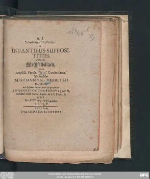 Schediasma Physicum de Infantibus Supposititiis, Vulgo Wechselbälgen