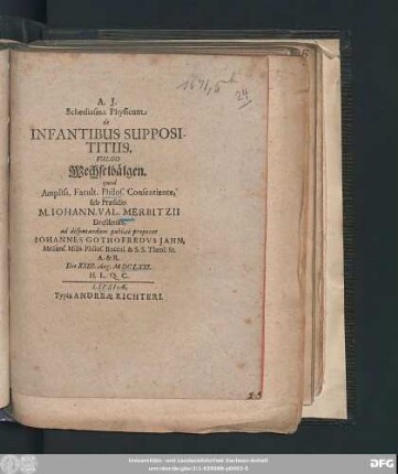 Schediasma Physicum de Infantibus Supposititiis, Vulgo Wechselbälgen