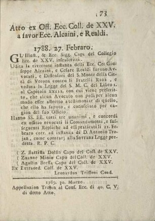 Atto ex Off. Ecc. Coll. de XXV. a favor Ecc. Alcaina, e Realdi.