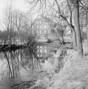 Kleiner Teich mit Büschen: rechts Baumreihe: dahinter Bauerngehöft