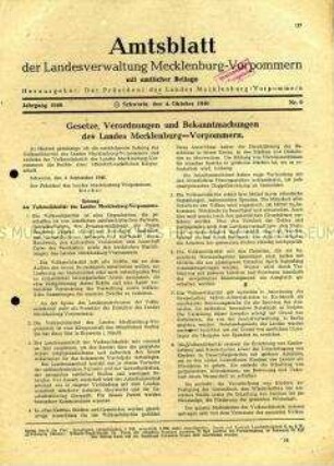 Amtliches Mitteilungsblatt für Mecklenburg-Vorpommern mit Gesetzen, Verordnungen und Bekanntmachungen