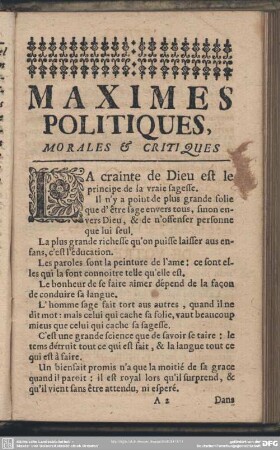 Maximes Politiques, Morales & Critiques