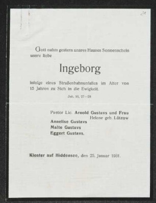 Brief von Arnold Gustavs, Helene Gustavs, Eggert Gustavs, Annelise Gustavs und Malte Gustavs an Gerhart Hauptmann