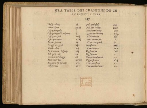 La table des chansons de ce present livre