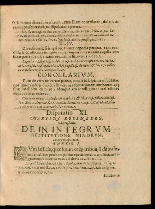Disputatio XI. Martini Rosenberg, Dantiscani. De In Integrum Restitutione Minorum, atque maiorum.