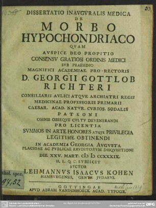 Dissertatio Inauguralis Medica De Morbo Hypochondriaco