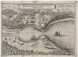Vogelschaukarte von Swinemünde, Radierung, um 1652 : Abriss der Einfarth auss der Ost-See, in die Oder die Swine genandt. - [Frankfurt ] : [Matthaei Merian Seel. Erben] , [1652]. - 1 Vogelschauplan : Radierung ; 34 x 24 cm Titelkartusche oben Mitte