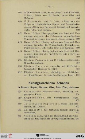 Kunstgewerbliche Arbeiten in Bronze, Kupfer, Marmor, Glas, Bein, Zinn, Holz usw. (Nr. 628-652)