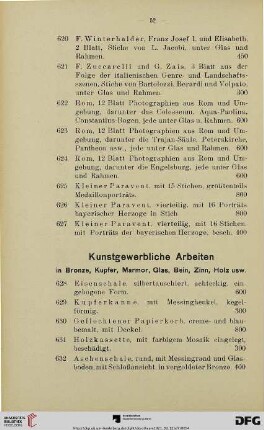 Kunstgewerbliche Arbeiten in Bronze, Kupfer, Marmor, Glas, Bein, Zinn, Holz usw. (Nr. 628-652)