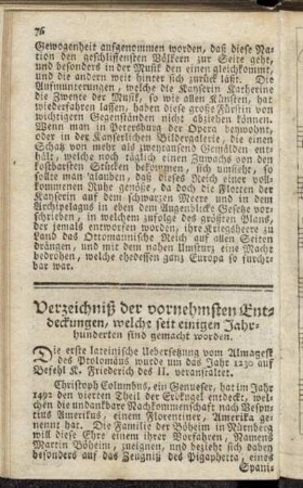 Verzeichniß der vornehmsten Entdeckungen, welche seit einigen Jahrhunderten sind gemacht worden.