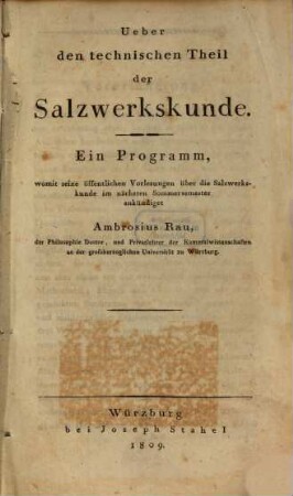 Über den technischen Theil der Salzwerkskunde