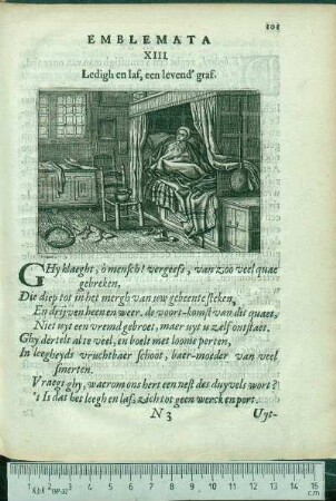 Emblemata XIII. Ledigh en laf, een levend' graf.