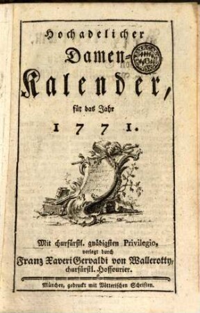 Hochadelicher Damen-Kalender. 1771