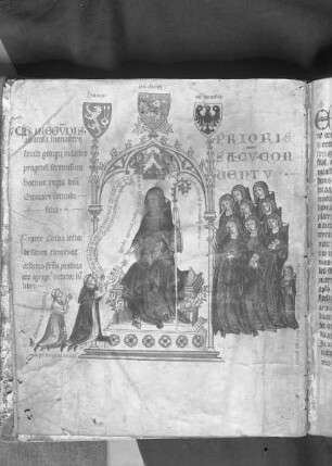 Kunigundenpassional / Textus de Christi passione / Passionale quod dicitur Cunegundis abbatissae — Übergabe des Buches an die Äbtissin Kunigunde von Böhmen, Folio 1v