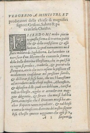 Vergerio A Ministri, Et predicatori delle chiese di magnifici signori Grisoni, Salute & pace in Iesu Christo.