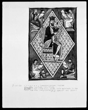 Psalterium mit Kalendarium — Bildseite mit thronendem David, Harfe spielend, Folio 148verso