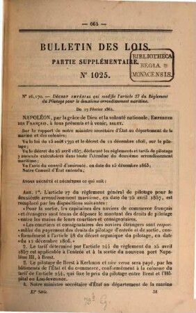 Bulletin des lois de la République Française. Partie supplémentaire. 23. 1864 = Sem. 1 = Nr. 1025 - 1048