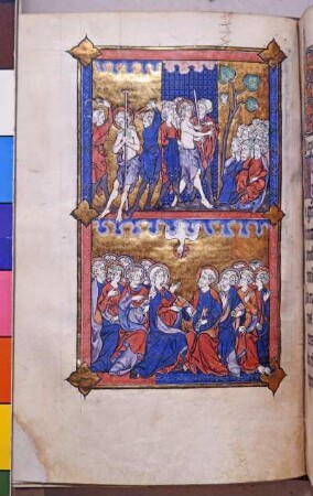 Ganzseitige Miniatur: Geißelung Christi, Christus wird abgeführt, Gruppe von Juden erwartet Pilatus, Pfingsten