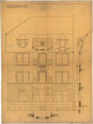 Billing, Hermann; Karlsruhe, Eisenlohrstr. 45; Haus Hornecker (Rothfuss) - Hauptfassade (Grundriss, Ansicht, Schnitt)