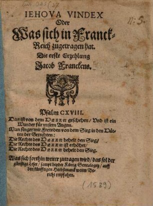 Iehova Vindex Oder Was sich in Franckreich zugetragen hat