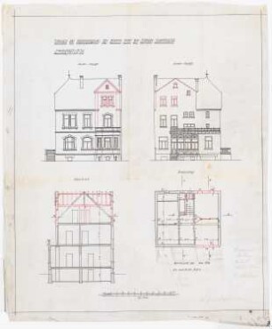 Wohnhaus Höfker, Dortmund: Vorderansicht, Rückansicht, Längsschnitt und Dachgeschossgrundriss 1:100
